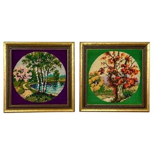 Vintage 1960s Framed Embroidery Artwork Set of 2 - 15.75"x15.75" - Summer Autumn